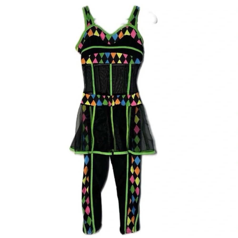 Neon Harlequin‎ Mesh Dance Costume 80s 90s Adult Medium Vibrant Diamond size AME